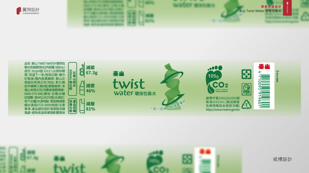 翼飛設計、台中、平面、設計、展場、主視覺、海報、活動規劃、品牌規劃、型錄、摺頁、網站、包裝、文創商品、平面設計、環保包裝水、扭壓丟、Twist Water、泰山、礦泉水、包裝水、水、momo、馬拉松、碳標籤水、減碳、減塑、減廢、一扭一回收、小扭轉、大環保
