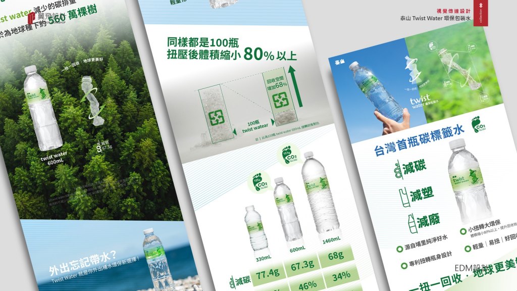 翼飛設計、台中、平面、設計、展場、主視覺、海報、活動規劃、品牌規劃、型錄、摺頁、網站、包裝、文創商品、平面設計、環保包裝水、扭壓丟、Twist Water、泰山、礦泉水、包裝水、水、momo、馬拉松、碳標籤水、減碳、減塑、減廢、一扭一回收、小扭轉、大環保